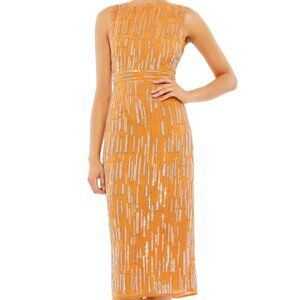 MAC DUGGAL 70264 ABSTRACT BEADED SLEEVELESS SHEATH MIDI SAFRON DRESS sz 14